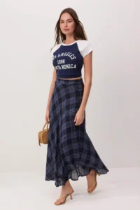 TRENDYOLMİLLA Mavi Checkered 100% Cotton Lined LONG Maxi Skirt - Image 2