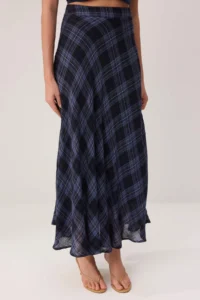 TRENDYOLMİLLA Mavi Checkered 100% Cotton Lined LONG Maxi Skirt - Image 3