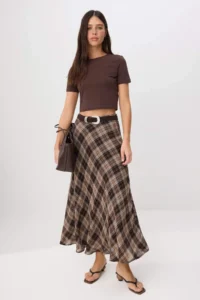TRENDYOLMİLLA Brown Checkered 100% Cotton Lined LONG Maxi Skirt