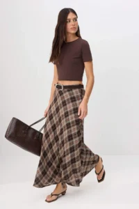 TRENDYOLMİLLA Brown Checkered 100% Cotton Lined LONG Maxi Skirt - Image 2