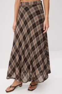 TRENDYOLMİLLA Brown Checkered 100% Cotton Lined LONG Maxi Skirt - Image 3