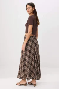 TRENDYOLMİLLA Brown Checkered 100% Cotton Lined LONG Maxi Skirt - Image 4