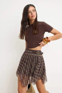 TRENDYOLMİLLA Multicolored Striped A-Cut/Life Form Asymmetric Regular Waist Mini Tulle Knitting Skirt
