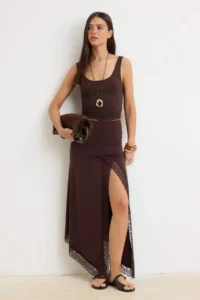 TRENDYOLMİLLA Brown skater Lace Detailed Regular Waist Maxi Flexible Knitting Skirt