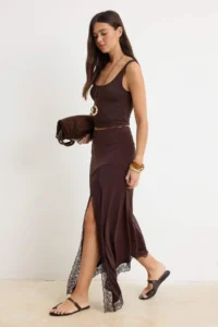 TRENDYOLMİLLA Brown skater Lace Detailed Regular Waist Maxi Flexible Knitting Skirt - Image 2