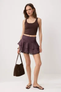 TRENDYOLMİLLA Brown Lace Detailed Satin Polka Dot Mini Shorts Skirt