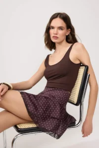 TRENDYOLMİLLA Brown Lace Detailed Satin Polka Dot Mini Shorts Skirt - Image 2
