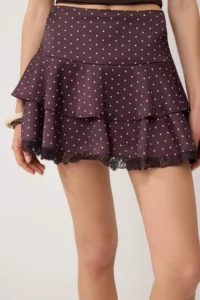 TRENDYOLMİLLA Brown Lace Detailed Satin Polka Dot Mini Shorts Skirt - Image 3