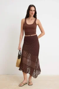 TRENDYOLMİLLA Brown A-Cut/Life Form Asymmetric Regular Waist Midi Lace Knitting Skirt