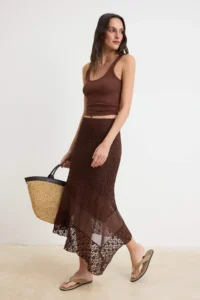 TRENDYOLMİLLA Brown A-Cut/Life Form Asymmetric Regular Waist Midi Lace Knitting Skirt - Image 2