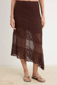 TRENDYOLMİLLA Brown A-Cut/Life Form Asymmetric Regular Waist Midi Lace Knitting Skirt - Image 3