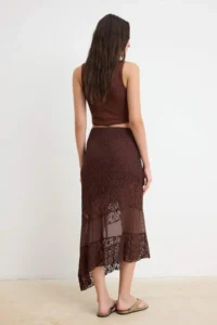TRENDYOLMİLLA Brown A-Cut/Life Form Asymmetric Regular Waist Midi Lace Knitting Skirt - Image 4