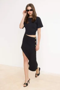 TRENDYOLMİLLA Black Pen Asymmetric buttoned Regular Waist Mini Scuba Crepe Knitting Skirt