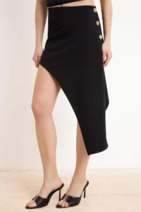 TRENDYOLMİLLA Black Pen Asymmetric buttoned Regular Waist Mini Scuba Crepe Knitting Skirt - Image 4