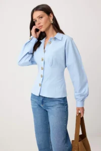 TRENDYOLMİLLA Light Blue Gold Accessory Cotton Waist Fitting Shirt