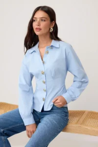 TRENDYOLMİLLA Light Blue Gold Accessory Cotton Waist Fitting Shirt - Image 2