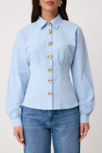 TRENDYOLMİLLA Light Blue Gold Accessory Cotton Waist Fitting Shirt - Image 3
