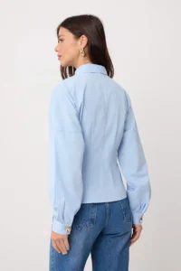 TRENDYOLMİLLA Light Blue Gold Accessory Cotton Waist Fitting Shirt - Image 4