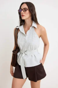 TRENDYOLMİLLA Green Mini Checkered Belted Shirt