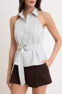 TRENDYOLMİLLA Green Mini Checkered Belted Shirt - Image 3