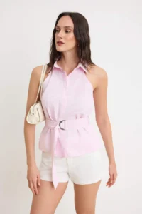 TRENDYOLMİLLA Pink Mini Checkered Belted Shirt