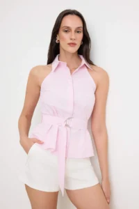 TRENDYOLMİLLA Pink Mini Checkered Belted Shirt - Image 2