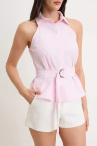 TRENDYOLMİLLA Pink Mini Checkered Belted Shirt - Image 3