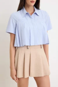 TRENDYOLMİLLA Mavi Crop/Short Cut pleated Shirt - Image 3