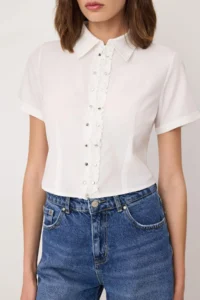 TRENDYOLMİLLA WHITE Ruffle Detailed Zippered Lightweight Crop Shirt - Image 3
