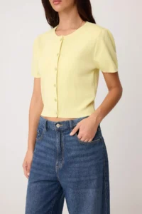 TRENDYOLMİLLA Yellow Basic Soft Strapless Blouse- Crew Neck Cardigan Set Knitwear Cardigan - Image 3