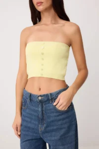 TRENDYOLMİLLA Yellow Basic Soft Strapless Blouse- Crew Neck Cardigan Set Knitwear Cardigan - Image 4