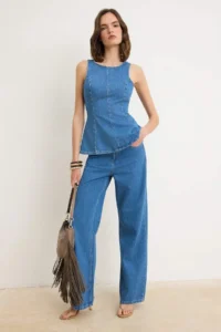 TRENDYOLMİLLA Mavi DRAPPY High Waist 100% Cotton Wide Leg jeans