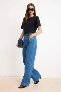 TRENDYOLMİLLA Mavi DRAPPY High Waist 100% Cotton Wide Leg jeans - Image 3