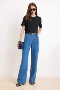 TRENDYOLMİLLA Mavi DRAPPY High Waist 100% Cotton Wide Leg jeans - Image 4