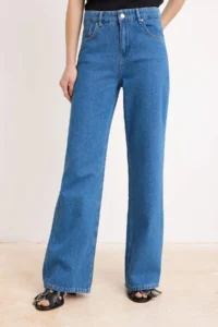 TRENDYOLMİLLA Mavi DRAPPY High Waist 100% Cotton Wide Leg jeans - Image 5