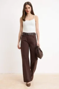 TRENDYOLMİLLA Brown Draped High Waist 100% Cotton Wide Leg jeans - Image 2