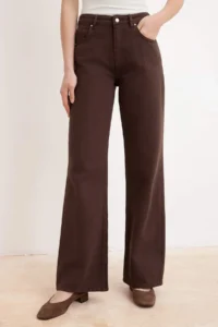 TRENDYOLMİLLA Brown Draped High Waist 100% Cotton Wide Leg jeans - Image 3