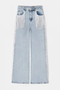 TRENDYOLMİLLA Limited Edition Light Blue Tassel Detailed High Waist Wide Leg jeans