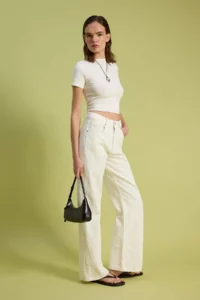 TRENDYOLMİLLA WHITE textured Material High Waist 100% Cotton Wide LegJeans - Image 2