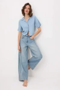 TRENDYOLMİLLA Mavi Stitching Detailed High Waist Wide Leg jeans