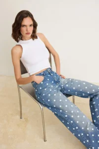TRENDYOLMİLLA Mavi Polka Dot High Waist Wide Leg jeans - Image 2