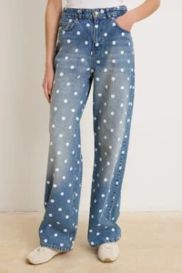 TRENDYOLMİLLA Mavi Polka Dot High Waist Wide Leg jeans - Image 3
