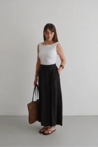 TRENDYOLMİLLA Black Wide Leg Modal Printed Skirt Look Pants - Image 2