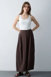 TRENDYOLMİLLA Brown Wide Leg Modal Printed Skirt Look Pants - Image 2
