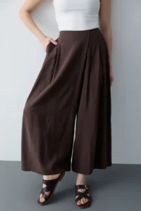 TRENDYOLMİLLA Brown Wide Leg Modal Printed Skirt Look Pants - Image 4