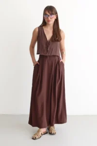 TRENDYOLMİLLA Brown Wide Leg Modal Printed Skirt Look Pants - Image 7