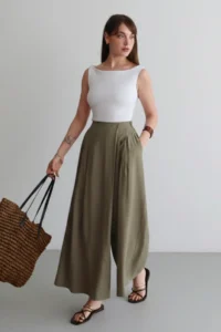 TRENDYOLMİLLA Khaki Wide Leg Modal Printed Skirt Look Pants