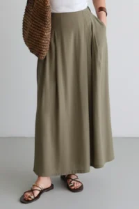 TRENDYOLMİLLA Khaki Wide Leg Modal Printed Skirt Look Pants - Image 2