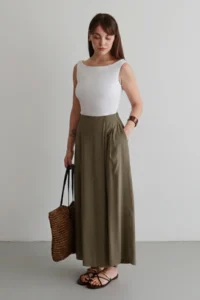 TRENDYOLMİLLA Khaki Wide Leg Modal Printed Skirt Look Pants - Image 4