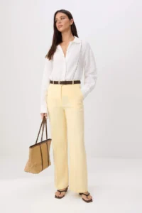 TRENDYOLMİLLA Light Yellow Iron Trace Plain Hem 100% Linen Pants